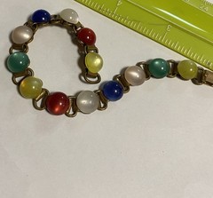 Vtg Multicolor Glass Cabochon Brass Bracelet Fold over Clasp 7.25”