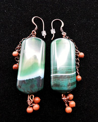 Handmade Copper Wire, Green Moss Agate with Goldstone Accent Beads Hook Earrings