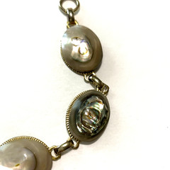 Vintage Silver Tone Abalone Link Bracelet 1970’s Paua Shell Oval Cabochons 7.5″