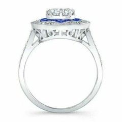Art Deco Style Lab-Created Diamond & Sapphire Engagement 14K White Gold FN Ring