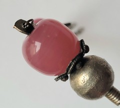 Vintage Chinese Silver Plated Filigree Hair Pin Pink Rose Glass Cabochons