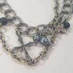 Vintage STATEMENT Bead Silver Tone CROSS Necklace Multi Strand Goth Rocker