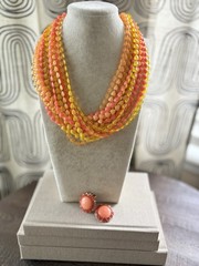 Vintage 1970s Multi-Strand Heart Bead Necklace + Clip-On Earrings Set Orange