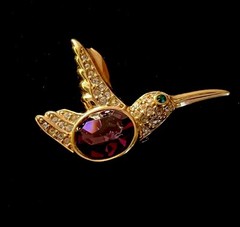 Vintage Goldtone Jewel Bellied Hummingbird Brooch Inset Rhinestones Body & Eye