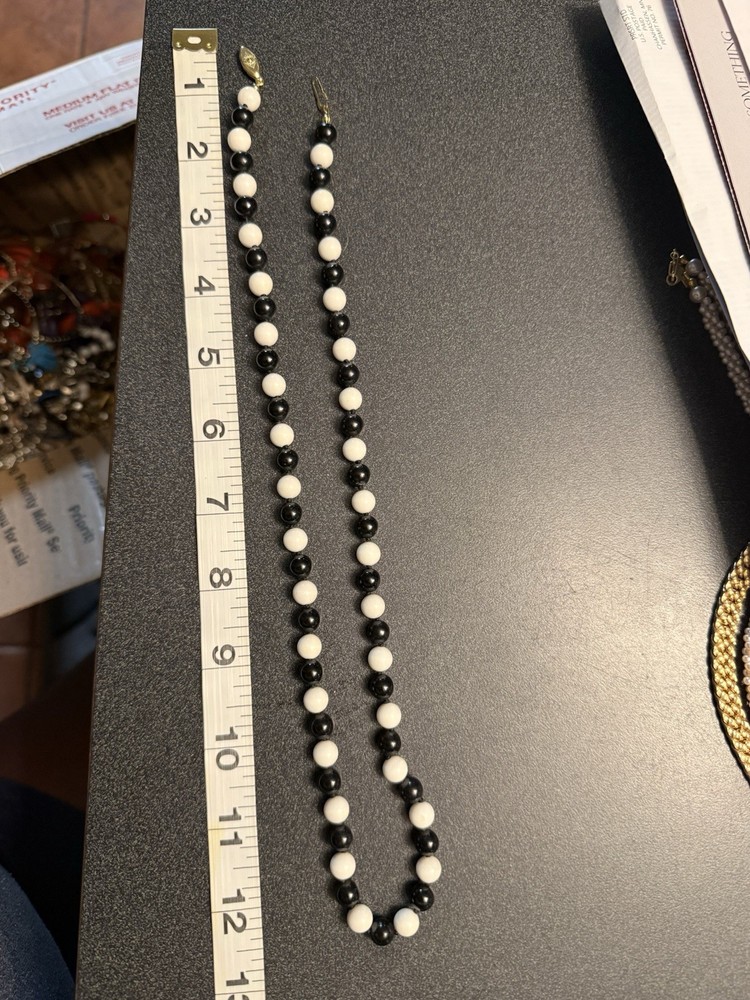 Vintage Black and White Beaded Strand Necklace Filigree Slide Clasp ~23-24 Inch