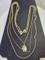 Vtg Goldtone 3 strands Link Chain Choker Necklace w/ Moonstone 28in-S91-READ
