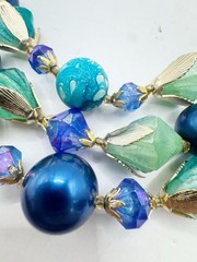 Vtg Hong Kong 3 Strand Beaded Collar Necklace Peacock Blue Turquoise Iridescent