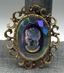Vintage Huge AB Aurora Borealis Rainbow Glass Cameo Intaglio Brooch Gold Tone