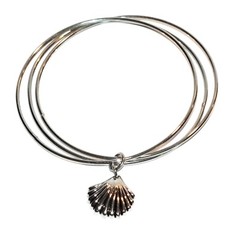Silver Tone Bangle Bracelet 3 Bracelets Shell Charm Nautical Themed Jewelry J503