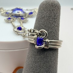 Vintage Silver Tone Slave Bracelet Ring Set Blue Cabochon Stone Boho Filigree