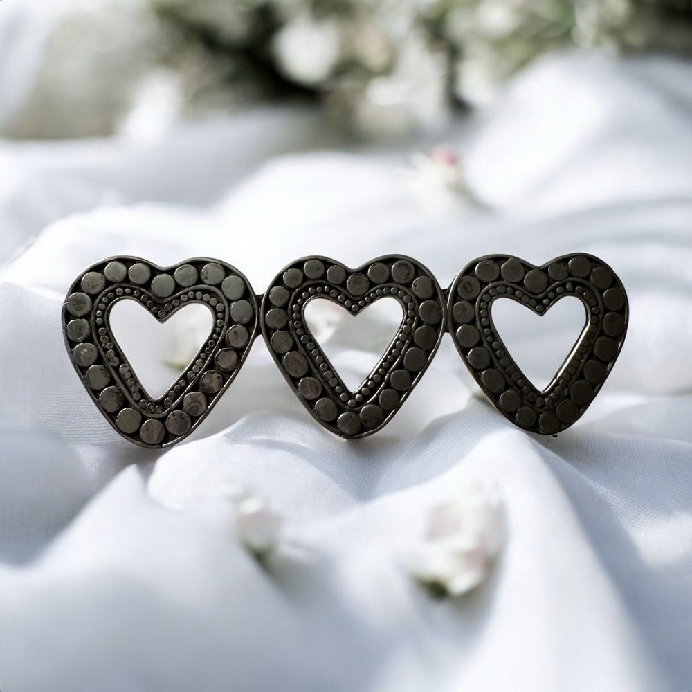 Beautiful Large Vintage Sterling Silver Triple Heart Bar Brooch Pin