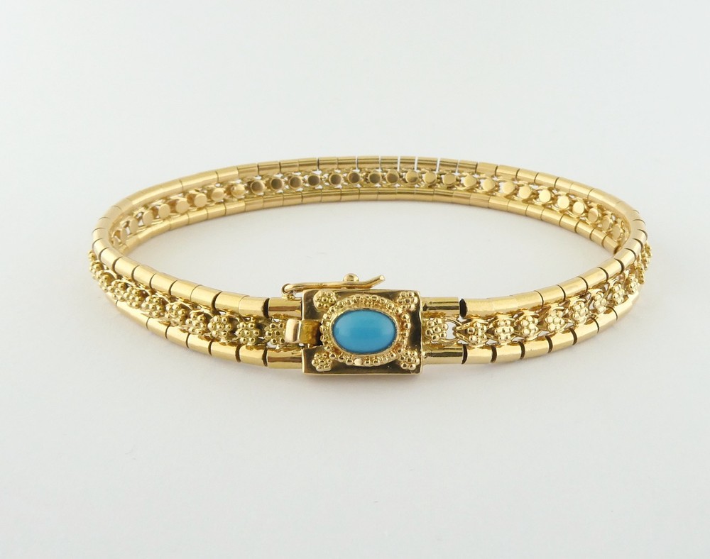Vintage Portuguese 19K Yellow Gold Articulated Line Bracelet Turquoise Clasp