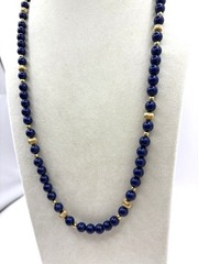 Navy Blue & Gold Tone Beaded Necklace W/ Speckles VTG