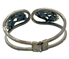 Vintage Silver & Turquoise Toned Flower Leaves Hinged Bangle Clamper Bracelet