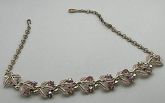 Coro Necklace Mid-Century Gold Pink Leaves W/ Pink Rhinestone Flowers Choker