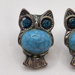 Earrings Vintage Owl Blue Glass Rhinestone Plastic Faux Turquoise Metal Jewelry