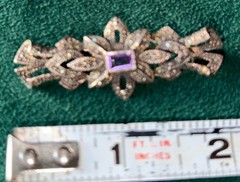 Vintage FAS Sterling Silver Marcasite Square Cut Amethyst Bar Brooch Vintage 8G