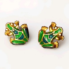 Vintage 1980’s Trifart Emeral Frog Toad Green Blue Enamel Gold Plate Earrings