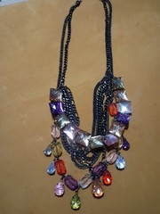 Necklace w/Plastic & Glass Beads Multi Color & Layered Gunmetal