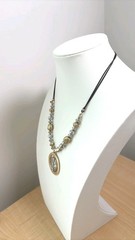 Antique gold tone necklace / Tricolor Disk pendant with clear crystals