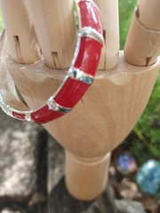 2 Vintage Hinged Bangle Bracelets with Red Enamel 1 Gold Tone 1 Silver Tone 80’s