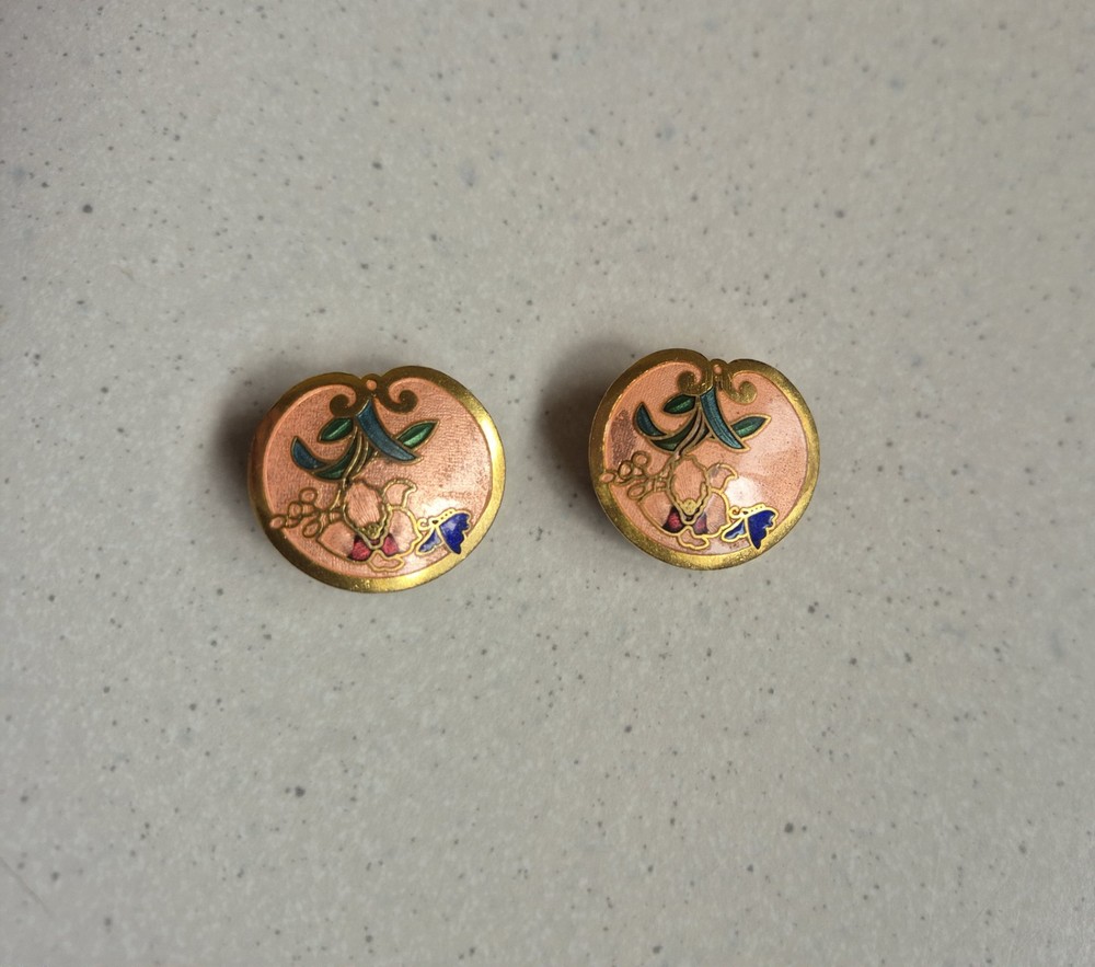 Vintage Chinese Export Cloisonné Enamel Clip-On Earrings – Peach Pink Floral