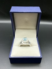 LARGE 2.50 CT DIAMOND & AAA AQUAMARINE 925 STERLING OVAL PEAR SHAPE HALO RING