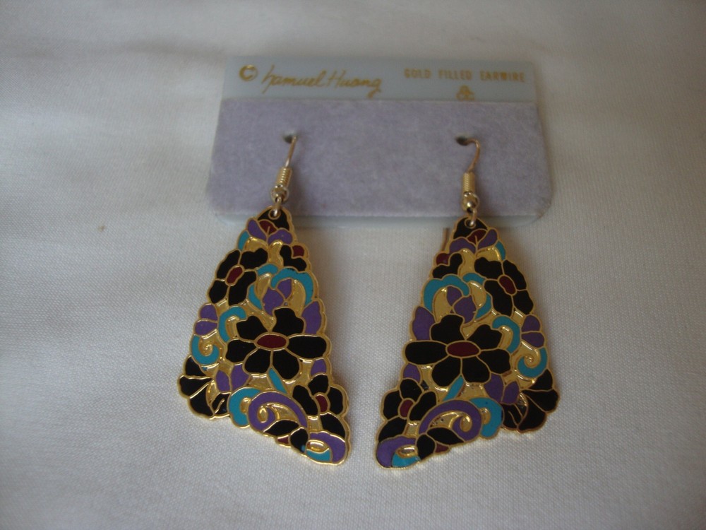 VINTAGE 1970s SAMUEL HUANG CLOISONNE ART NOUVEAU MULTI-COLOR FLOWERS EARRINGS