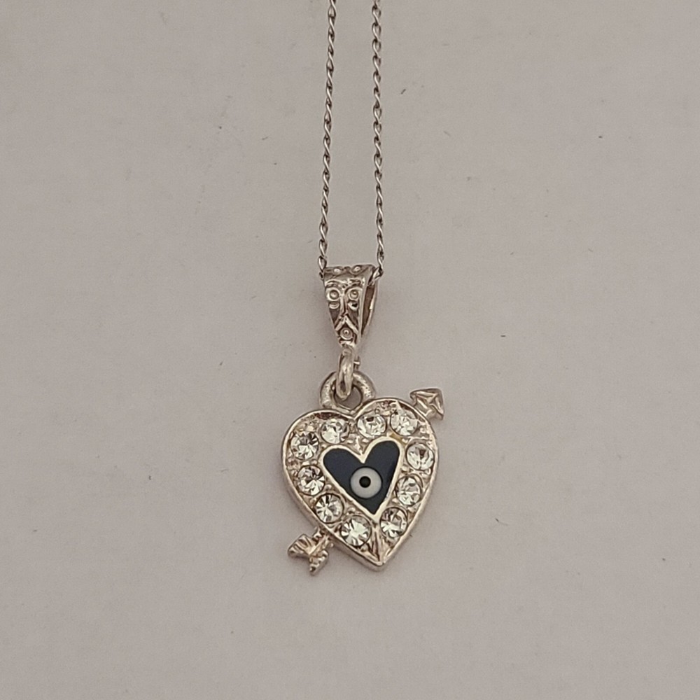 VINTAGE STERLING SILVER CLEAR STONES HEART ARROW EYE 12.5 IN SMALL NECKLACE 925