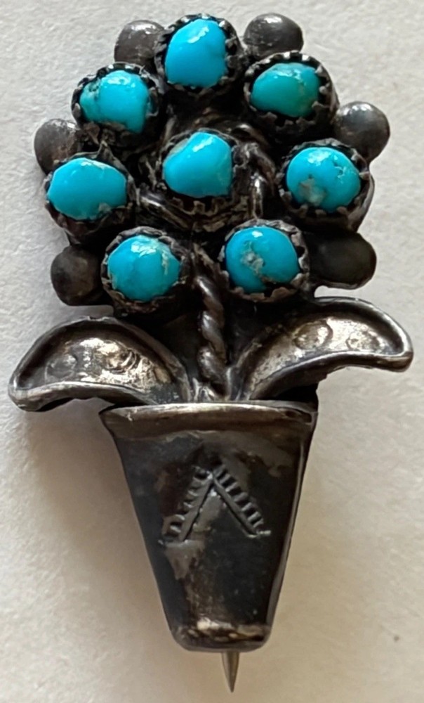 Vtg Zuni Style Turquoise Flower Basket Brooch Petite Silver Tone Southwest Pin