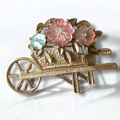 Flower Cart Brooch Molded Glass Rhinestones Gold Tone Garden Vintage Pin