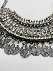 Vintage Silver Tone Boho Ethnic Tribal Coin Coachella Fringe Statement Necklace