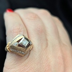 Vintage 1940s Retro Diamond Dome Heavy Ring 14k Two-Tone Gold Cocktail