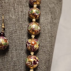 Vintage Chinese Cloisonné Bead Necklace – Pink & Blue Floral on Gold – 26″ L