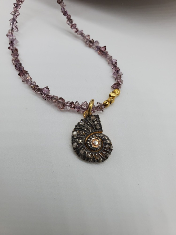 pave rosecut diamond pendant on lavender rutilated quartz necklace