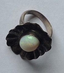 Vintage Sterling Silver & Natural Fire Opal Gemstone Modernist Ring Size 5.5