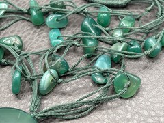 Vintage Asian Green Stone Disk Pendant Hand Knotted Beaded Necklace 24”