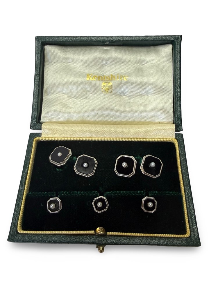 Kentshire Antique Onyx Pearl and 14K Tuxedo Set 7 Piece Stud Buttons Cufflinks