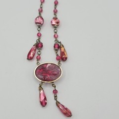 VTG Czech Style Pink Foil Glass Necklace Dangle Art Deco Bohemian 1920’s 16.5″
