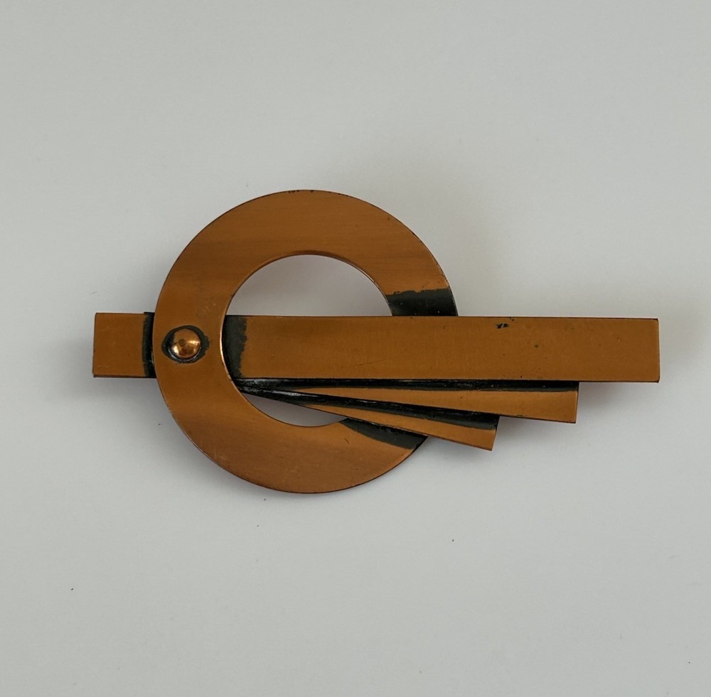 Vintage Art Deco Copper Tone Geometric Brooch Pin Abstract Modernist 3.25”