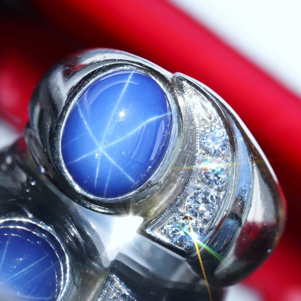 14k white gold sz7.5 ring 3.50ct Lindy star lab-created sapphire diamond 9.7g