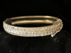 Vintage Pavé Set Clear Rhinestones Silver Tone Hinged Cuff Bracelet Safety Chain