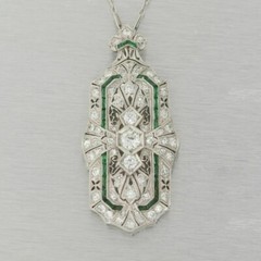 Art Deco Round Lab Created Diamond & Baguette Emerald Wedding 925 Silver Pendant