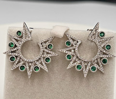 Vtg Sterling Star Point Statement Earrings, Emerald Green & Clear CZ Settings