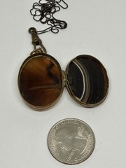 Victorian Double Sided Oval Banded Agate & Agate Locket Pendant Necklace 18”
