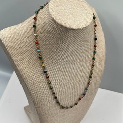 Vintage Multicolor Glass Bead Chain Station Necklace Gold Tone 22″ Minimalist