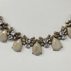 Statement Rhinestone Necklace Gold Tone Bib Tan Acrylic Clear Metallic Glass 18″