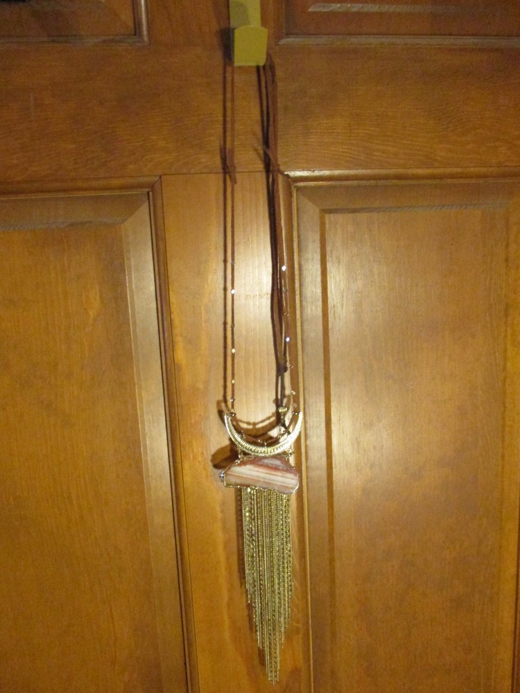 Vintage Handmade Necklace Leather Strap, Gold Tone Chain Metal, & Stone.