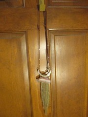Vintage Handmade Necklace Leather Strap, Gold Tone Chain Metal, & Stone.