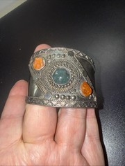 Vintage Indian Bohemian Cuff Bracelet with Natural Gemstones. Silver Tone